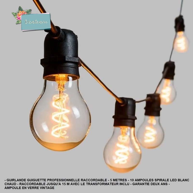 LOTTI Guirlande lumineuse extérieure guinguette - Raccordable - 10 ampoules  E27 goutte A60 - 36V Led - Blanc chaud - 5 metres - Martinique