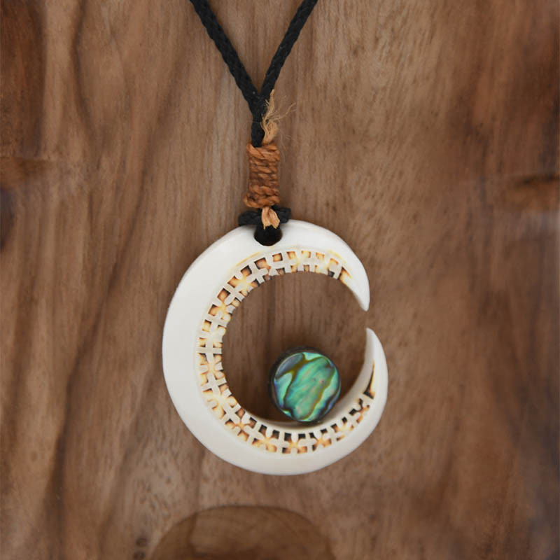 Half-Moon Necklace – Hand-Carved Bone and Abalone | Moorea Art