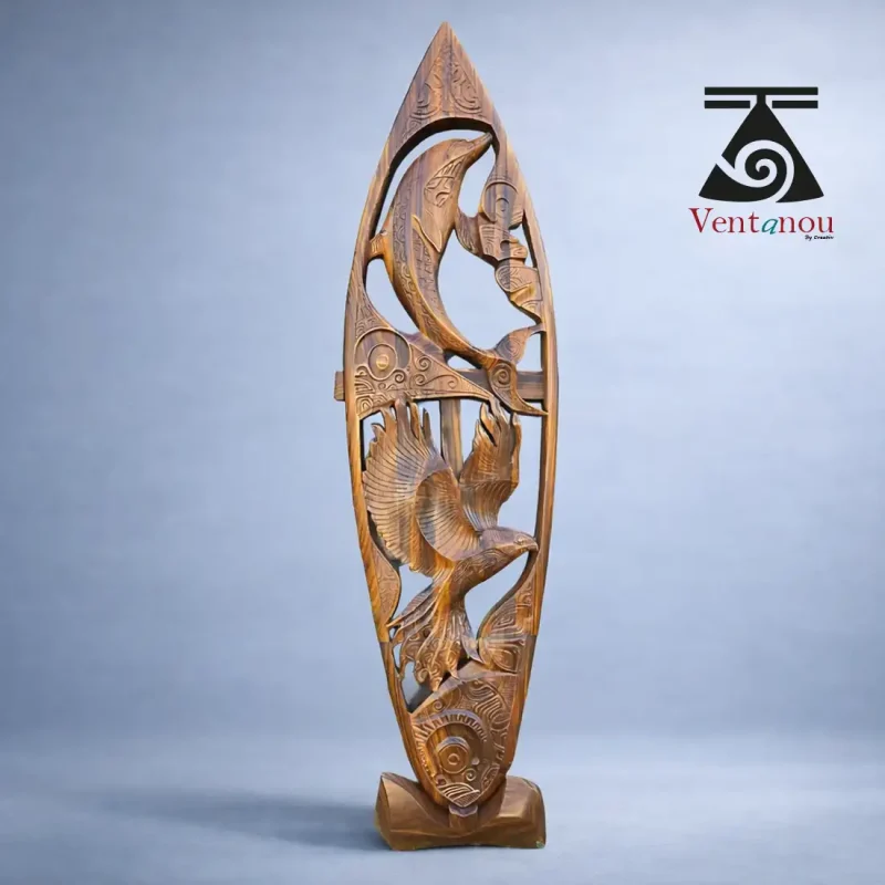 planche-de-surf-aigle-dauphin Planche de surf déco - Sculpture planche de surf polynesienne, tortu et honu en noyer oceanique