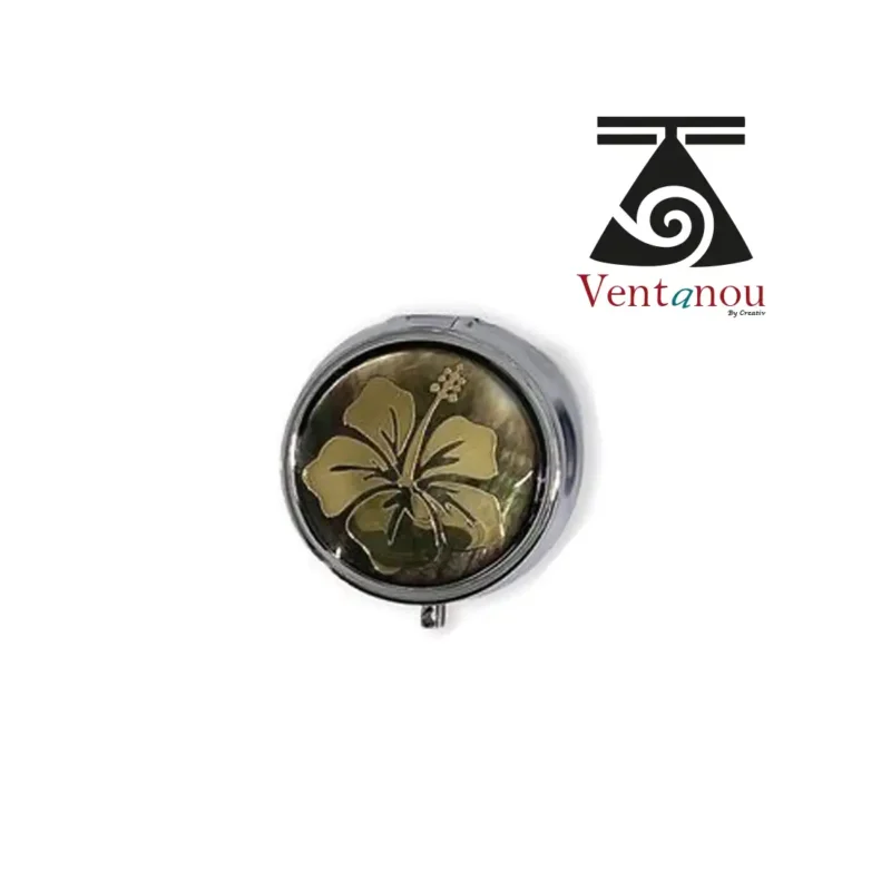 boite-a-medicament-en-nacre-de-tahiti-hibiscus Pilulier en Nacre de poche aux motifs polynésiens - Hibiscus