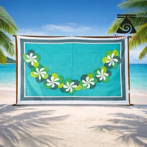 pareo-peint-a-la-main-voile-de-coton-bleu-et-vert-fleur-de-tiare paréo tahitien bleu vert peint à la main en voile de coton peint à la main - Bleu et vert fleur de Tiaré