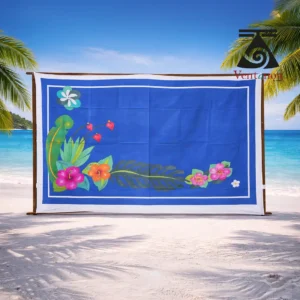 pareo-peint-a-la-main-voile-de-coton-bleu-hibiscus-fleur-de-tiare-et-oiseau-de-paradis paréo tahitien bleu peint à la main - Hibiscus , fleur de Tiaré et oiseau de paradis