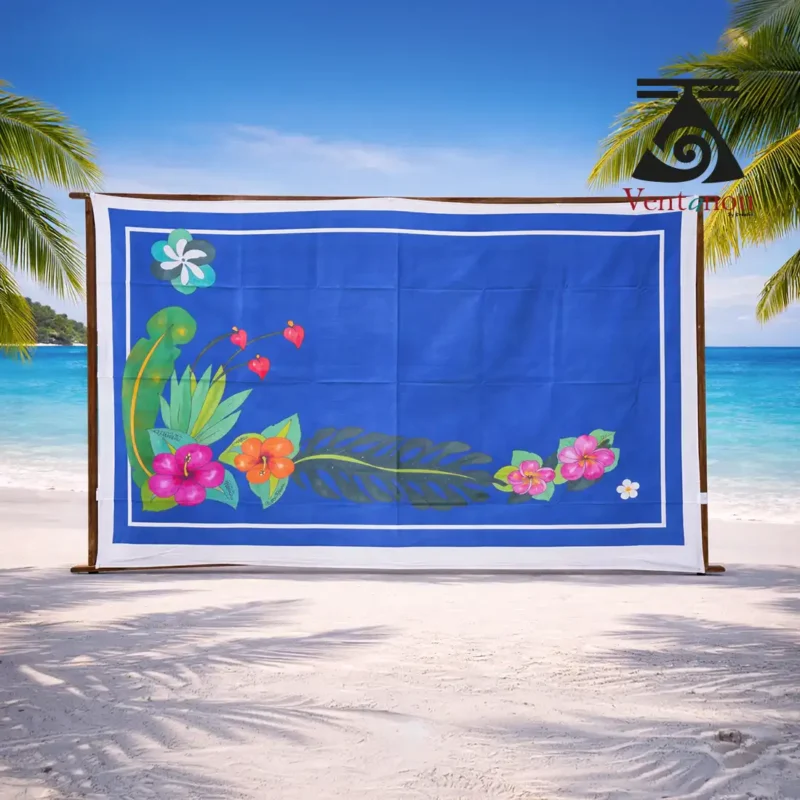 pareo-peint-a-la-main-voile-de-coton-bleu-hibiscus-fleur-de-tiare-et-oiseau-de-paradis paréo tahitien bleu peint à la main - Hibiscus , fleur de Tiaré et oiseau de paradis