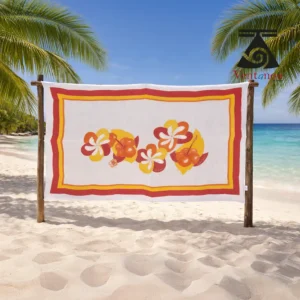 pareo-peint-a-la-main-voile-de-coton-jaune-et-orange-hibiscus-et-fleur-de-tiare Hand-painted Tahitian Rau Tiaré sarong