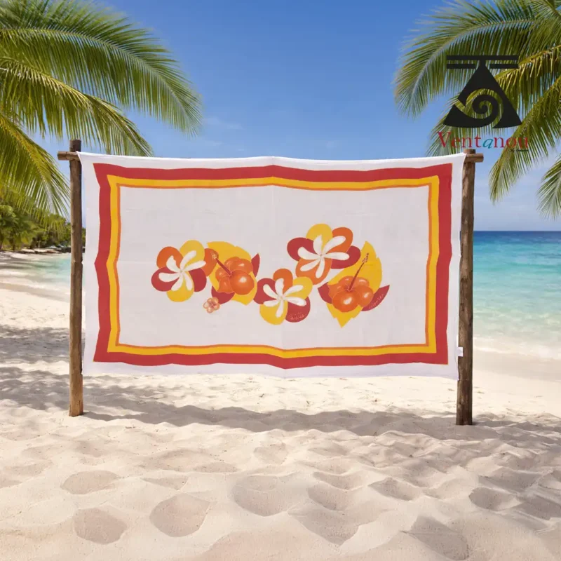 pareo-peint-a-la-main-voile-de-coton-jaune-et-orange-hibiscus-et-fleur-de-tiare Hand-painted Tahitian Rau Tiaré sarong