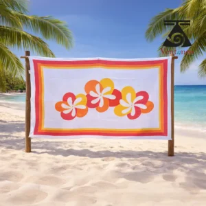 pareo-peint-a-la-main-voile-de-coton-orange-fleur-de-tiare Paréo tahitien Puātou Tāhiti peint à la main, trois fleurs de tiaré orange rose et jaune sur fond blanc, artisanat de Moorea
