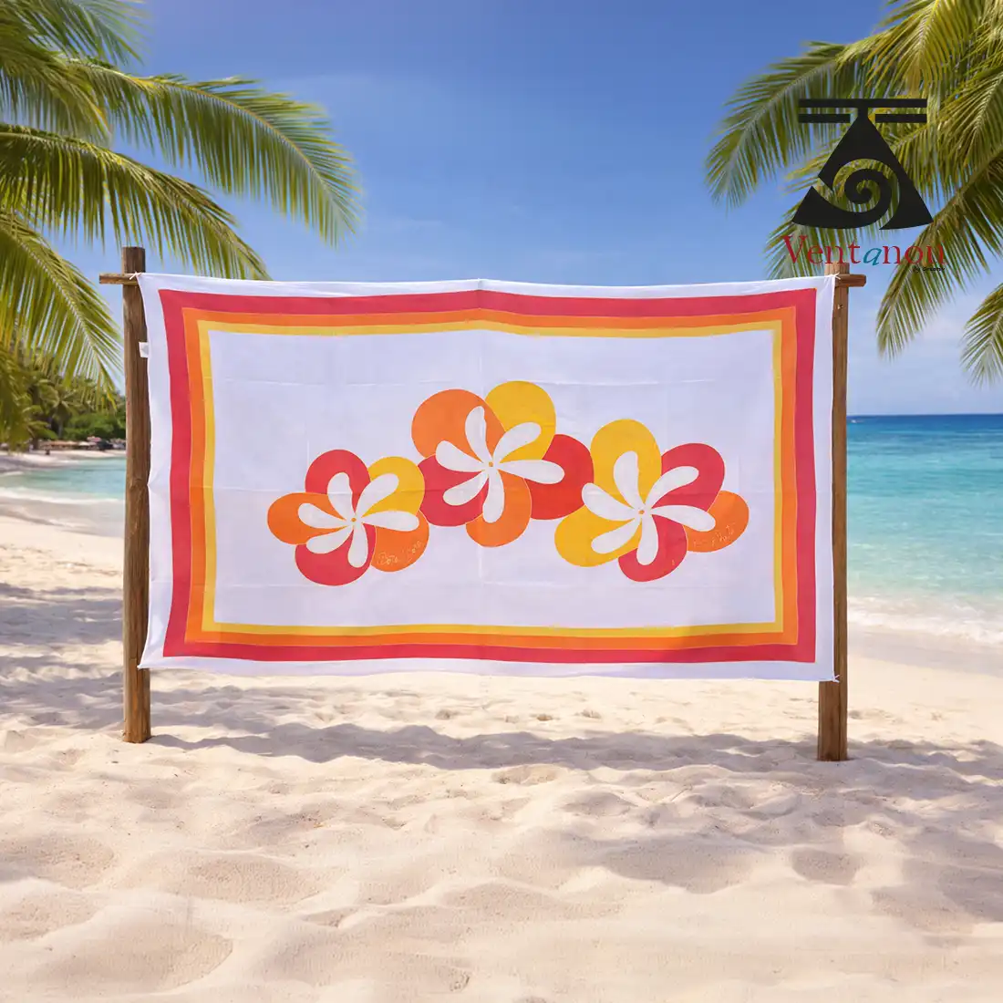 Paréo tahitien Puātou Tāhiti peint à la main, trois fleurs de tiaré orange rose et jaune sur fond blanc, artisanat de Moorea