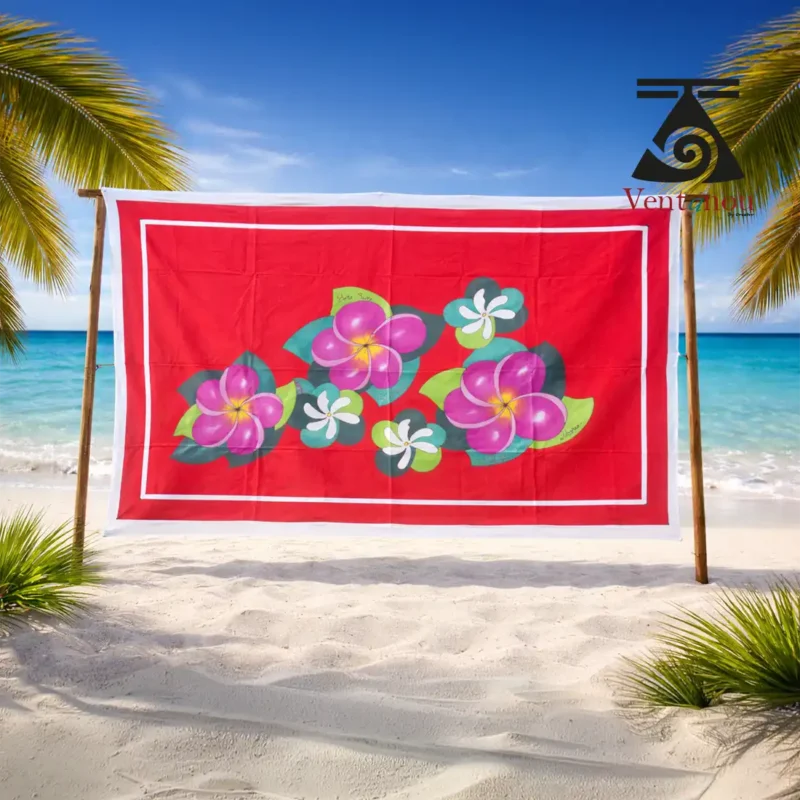 pareo-peint-a-la-main-voile-de-coton-rouge-hibiscus-et-tiare Hand-Painted Tahitian Pareo on coton voile