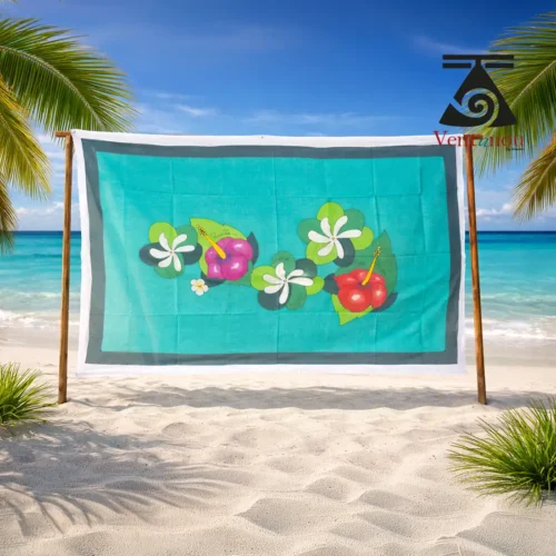 pareo-peint-a-la-main-voile-de-coton-turquoise-hibiscus-fleur-de-tiare Hand-Painted Tahitian Tiare Turama Pareo