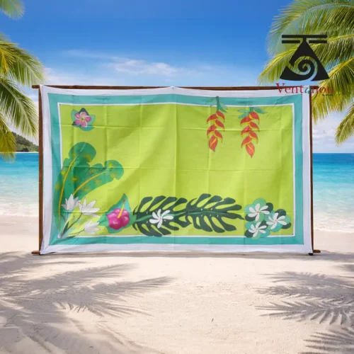 pareo-peint-a-la-main-voile-de-coton-vert-hibiscus-fleur-de-tiare-et-oiseau-de-paradis Hand-painted Tahitian Rau Ora pareo