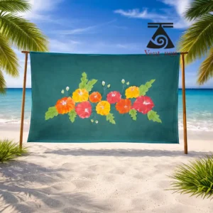 pareo-tahitien-aute-maota-peint-main-moorea Paréo Tahitien 'Aute Māota vert canard peint à la main, guirlande d'hibiscus jaune orange et rouge, créé à Moorea en Polynésie française