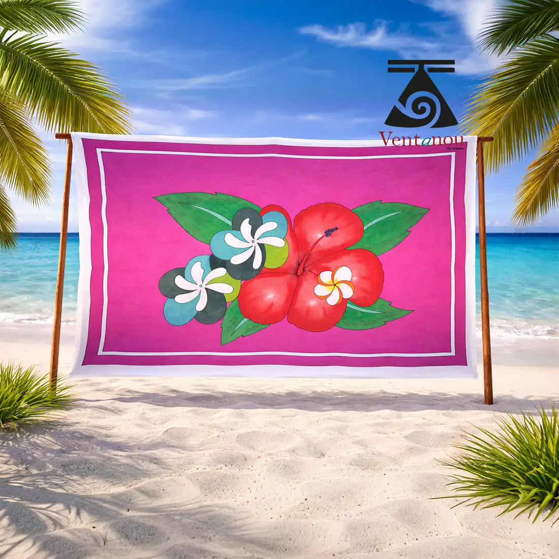 Paréo tahitien 'Aute 'Ura peint à la main, grand hibiscus rouge et tiaré blanc sur fond fuchsia, artisanat de Moorea