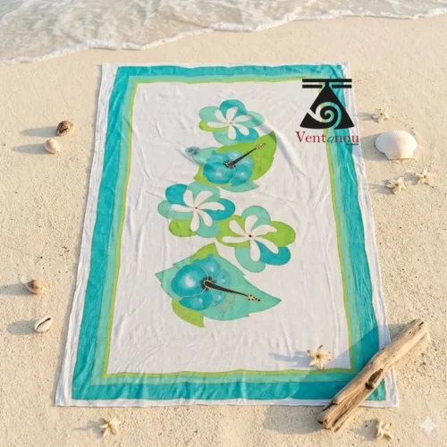 pareo-tahitien-blanc-bleu-vert-lagon-fleurs-peint-main hand painted pareo from Moorea