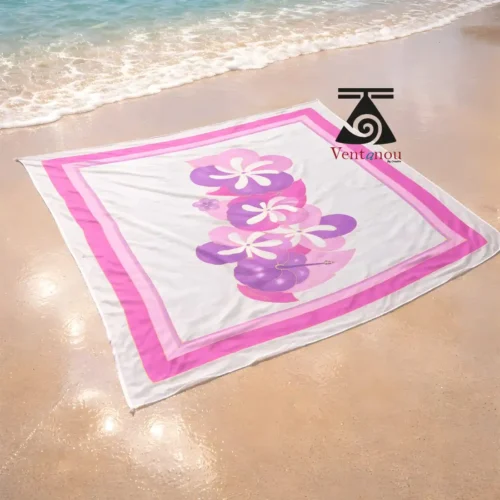 pareo-tahitien-blanc-rose-violet-tiare-peint-main pink and purple Tahitian pareo