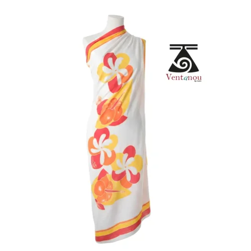 pareo-tahitien-blanc-rouge-orange-jaune-fleurs-porte-robe White Floral Tahitian Pareo Hand-Painted in Moorea