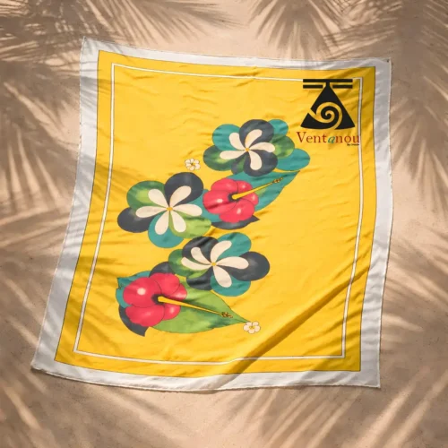 pareo-tahitien-jaune-fleurs-tiare-hibiscus-peint-main yellow Tahitian pareo