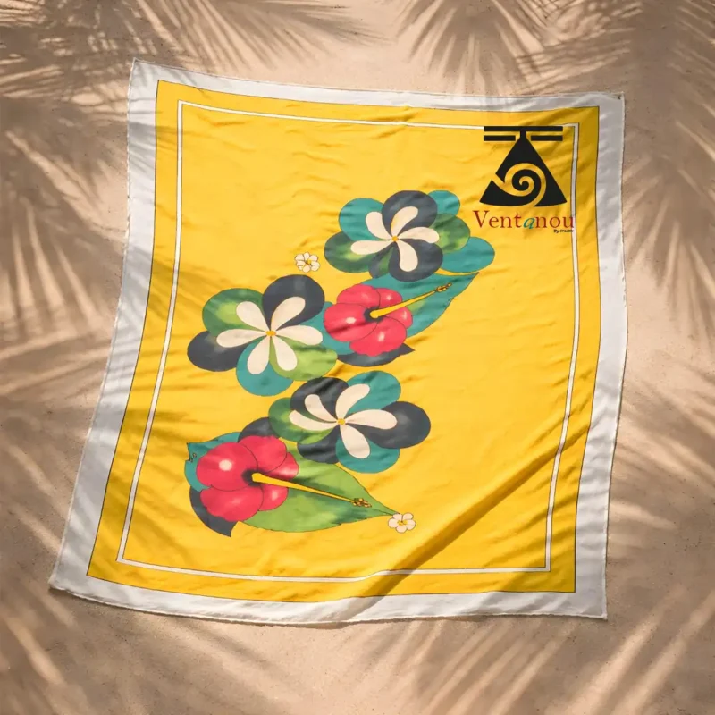 pareo-tahitien-jaune-fleurs-tiare-hibiscus-peint-main paréo tahitien jaune peint à la main