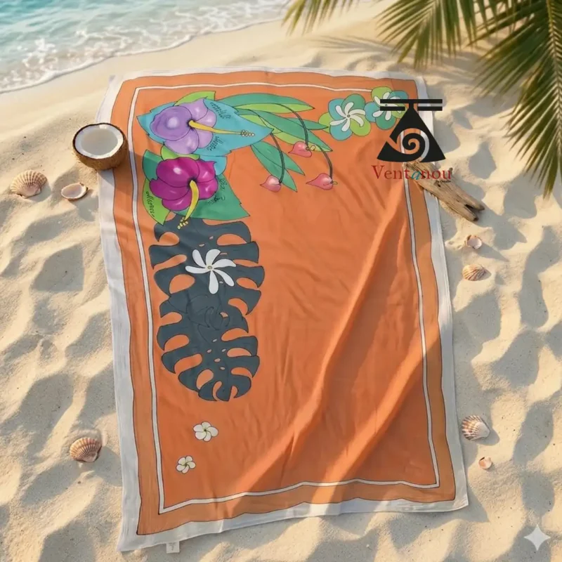 pareo-tahitien-orange-monstera-fleurs-peint-main Détail du paréo tahitien orange avec motif fleurs tiare peint à la main