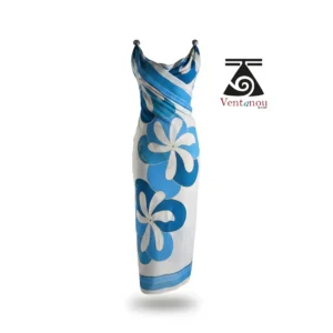pareo-tahitien-tiare-bleu-lagon-peint-main Blue Sarong, Hand Painted Tropical Pareo