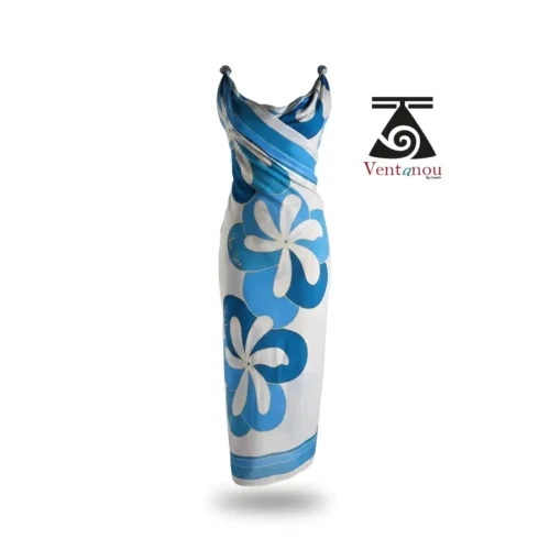 pareo-tahitien-tiare-bleu-lagon-peint-main Blue Sarong, Hand Painted Tropical Pareo