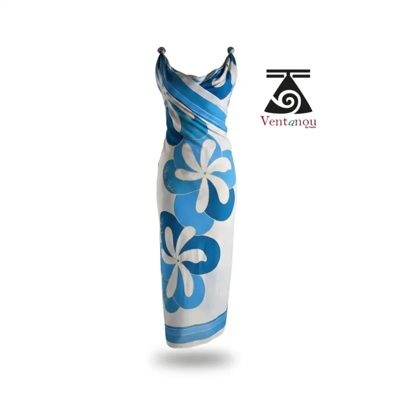 Blue Lagoon Sarong, Hand Painted Tiare Flower Pareo