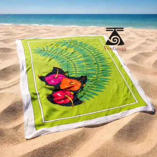 pareo-tahitien-vert-feuillage-tropical-hibiscus-peint-main Green Tahitian Pareo, Hand Painted Tropical Sarong