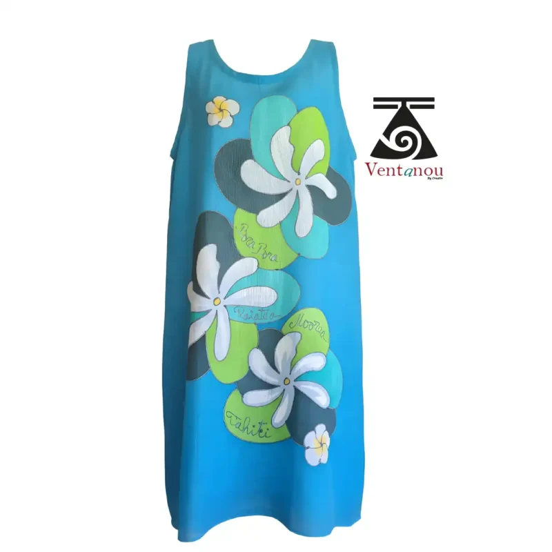 robe-femme-bleu-lagon-sans-manches-fleurs-tiare-ete Robe femme bleu lagon sans manches avec fleurs tiare pour l’été