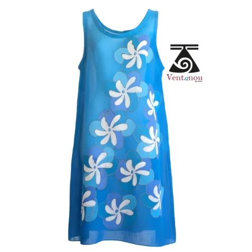 robe-femme-bleue-fleurs-tiare-sans-manches-ete blue sleeveless summer dress