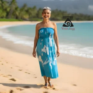 robe-femme-bustier-bleu-lagon-longue-ete-porte-plage Robe bustier bleu portée sur la plage en tenue d’été