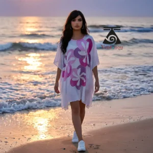 robe-plage-femme-blanc-rose-fleurs-tiare-porte-plage Robe de plage blanche fleurs tiare peinte à la main à Moorea portée au bord de mer
