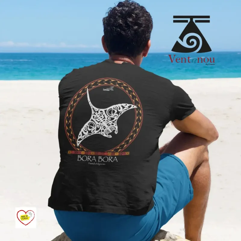 tee-shirt-polynesien-homme-raie-manta-noir t-shirt noir imprimé raie manta des îles polynésiennes