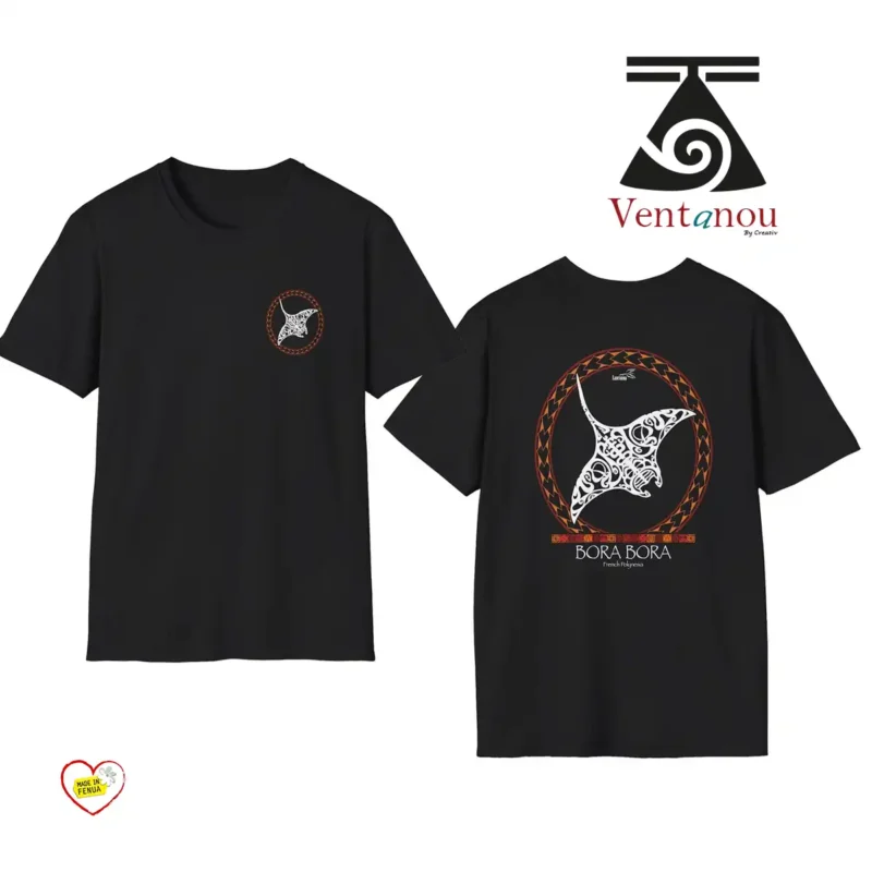 tee-shirt-polynesien-homme-requin t-shirt noir raie manta polynésienne
