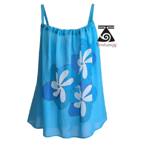 top-ete-bleu-halter-peint-a-main-fleur-tiare Tahitian lagoon blue top