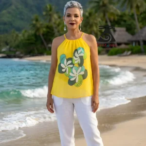top-femme-jaune-bretelles-fleurs-tiare-ete-porte-plage top tahitien jaune tiare à bretelles pour l’été