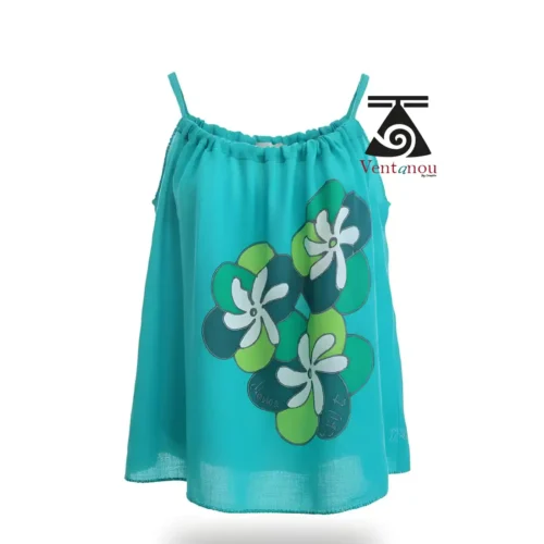 top-femme-turquoise-bretelles-fleurs-tiare-ete-variation Top tahitien turquoise tiare contrasté