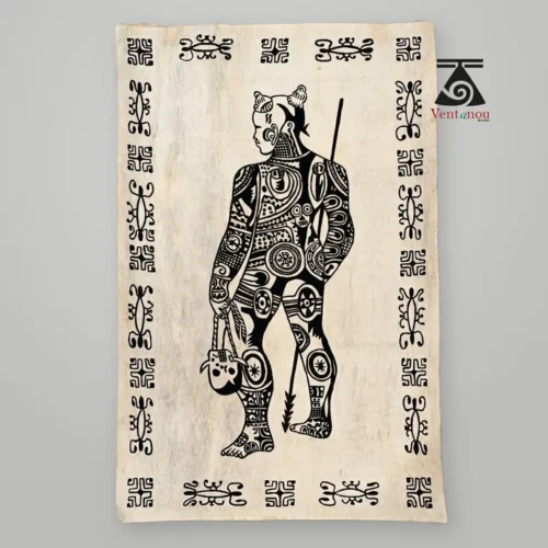 petit-tapa-marquisien-guerrier-aito Marquesan Tapa Cloth Wall Art with Warrior Figure.