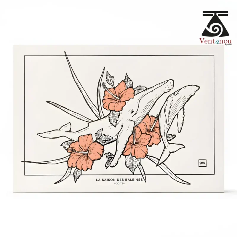 carte-postale-hibiscus-baleine-et-baleineau-saison-des-baleines-a-moorea- Whale Season in Moorea – Polynesian Art Print A5