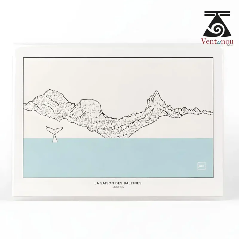 carte-postale-saison-des-baleines-a-moorea-mont-rotui Whale Season in Moorea – Polynesian Art Print A5