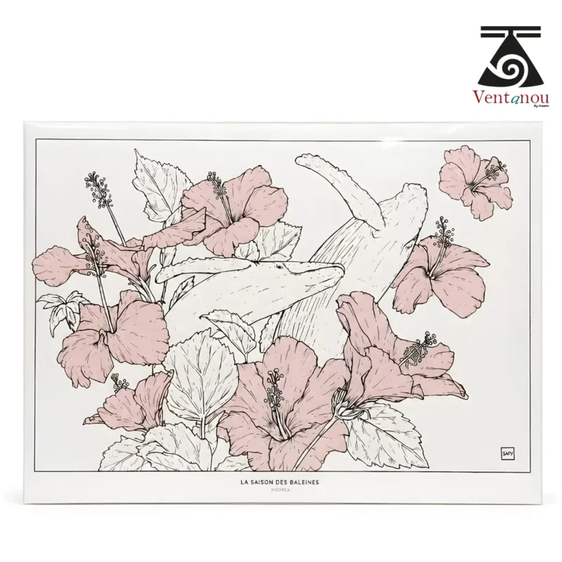reproduction-baleine-et-hibiscus Whale Season in Moorea – Polynesian Art Print A5